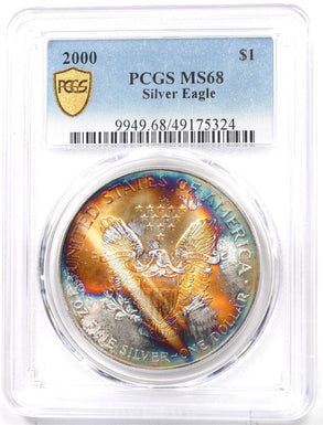 2000 Silver Eagle Gorgeous Monster Orange/Blue Rainbow Toning! PCGS MS68 PC1708