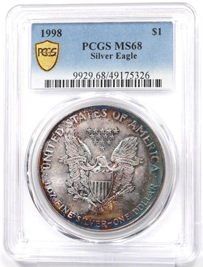 1998 Silver Eagle Gorgeous Monster Rainbow Blue/Orange Toning! PCGS MS68 PC1711