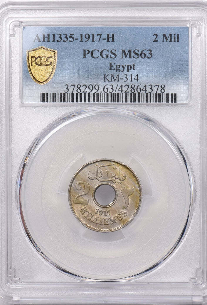 Egypt 1917 -H AH 1335 2 Milliemes PCGS MS 63 KM-314 PI0078 combine shipping