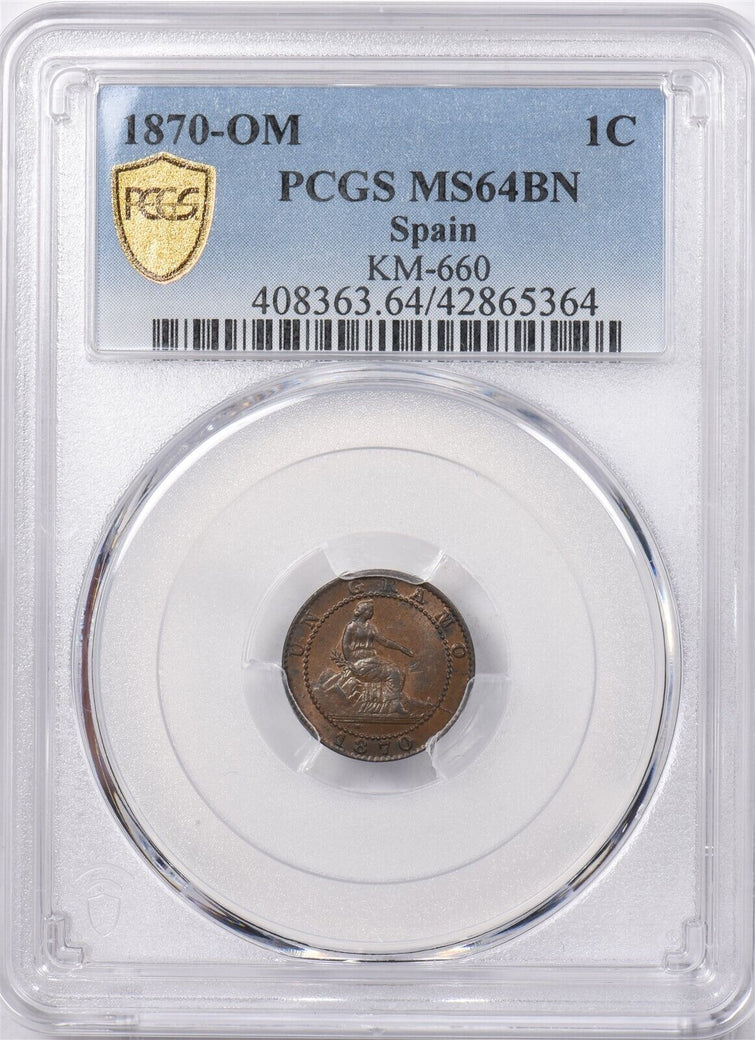 Spain 1870 OM Centimo Lion animal PCGS MS 64 BROWN KM-660 PI0211 combine shippin
