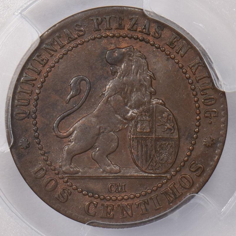 Spain 1870 OM 2 Centimos Lion animal PCGS MS 62 BROWN PI0103 combine shipping
