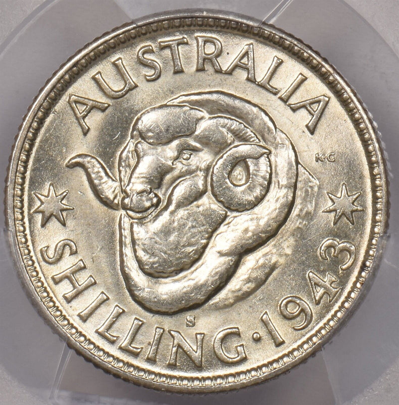 Australia 1943 S Shilling Ram animal PCGS MS 63 PI0104 combine shipping