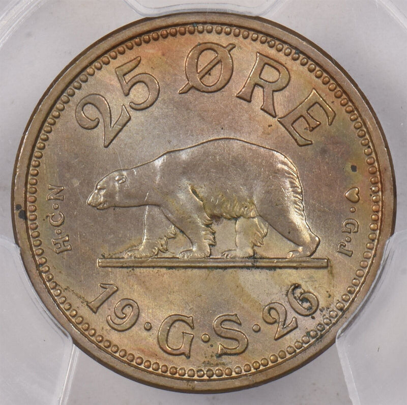 Greenland 1926 HCN 25 Ore Polar bear animal PCGS MS 64 KM-5 w/O Hole PI0143 comb