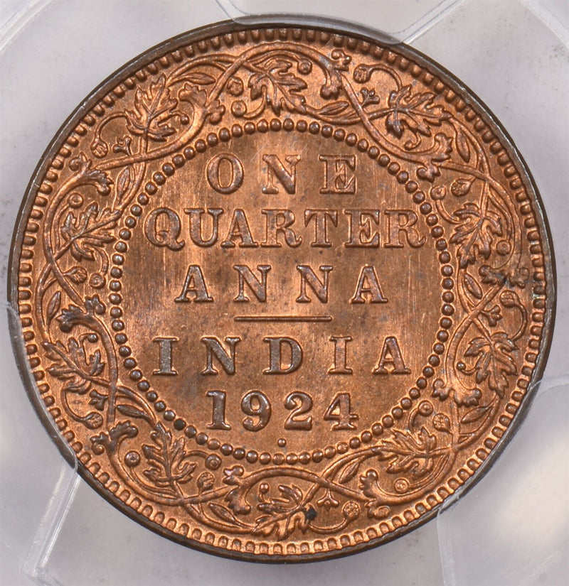 India British 1924 B 1/4 Anna PCGS MS 65 RED SW-8.354, 4 Graded MS65 RD by PCGS