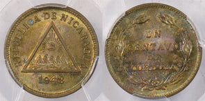 Nicaragua 1943 Centavo PCGS Environmental Damage-UNC Detail Very Glossy Blue+Ora