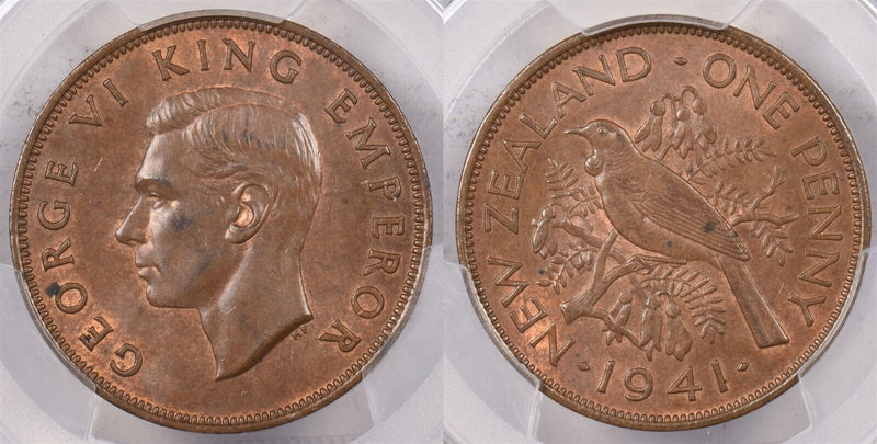 New Zealand 1941 Penny Tui bird animal PCGS MS 64 BROWN PI0187 combine shipping