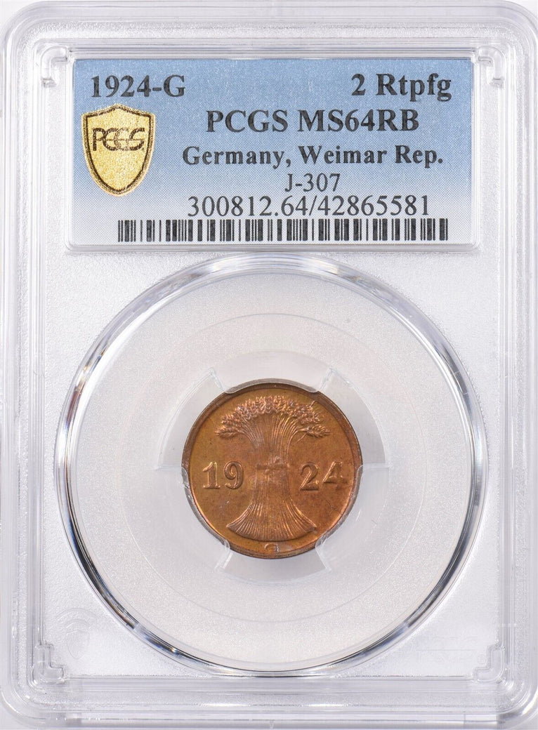 Germany 1924 G 2 Rentenpfennig PCGS MS 64 RED BROWN Weimar Republic, J-307 PI019
