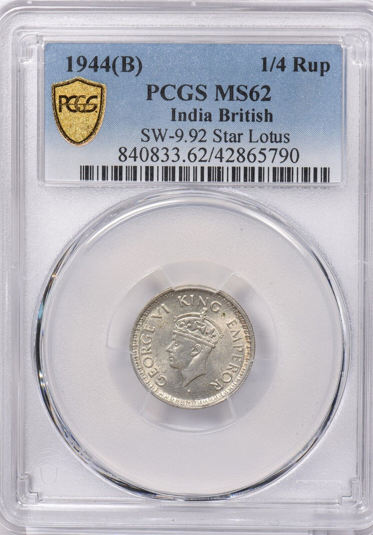 India British 1944 B 1/4 Rupee PCGS MS 62 SW-9.92 Star Lotus PI0099 combine ship