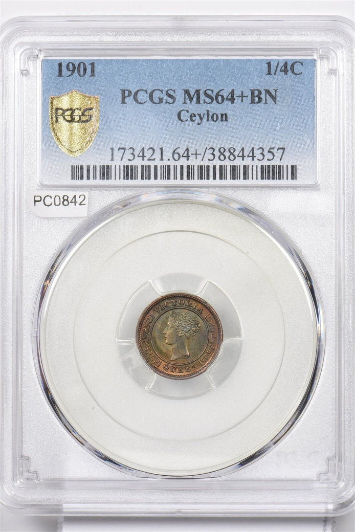 Ceylon 1901 1/4 Cent PCGS MS64+BN incandescent green blue toning PC0842 combine