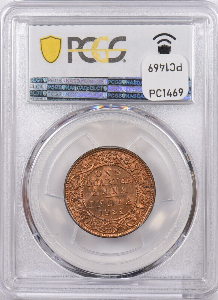 India British 1924 B 1/4 Anna PCGS MS 65 RED SW-8.354, 4 Graded MS65 RD by PCGS