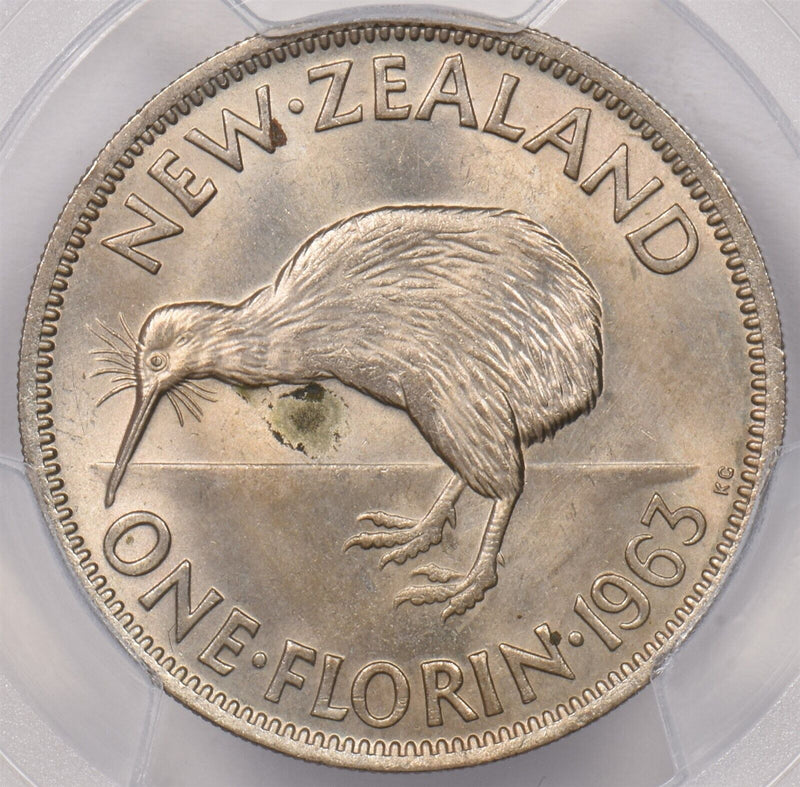 New Zealand 1963 Florin Kiwi Bird animal PCGS Genuine Environmental Damage-UNC D
