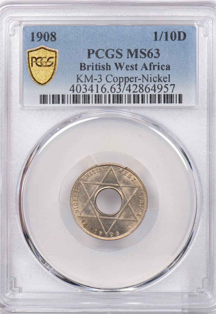British West Africa 1908 1/10 Penny PCGS MS 63 KM-3 Copper-Nickle PI0021 combine