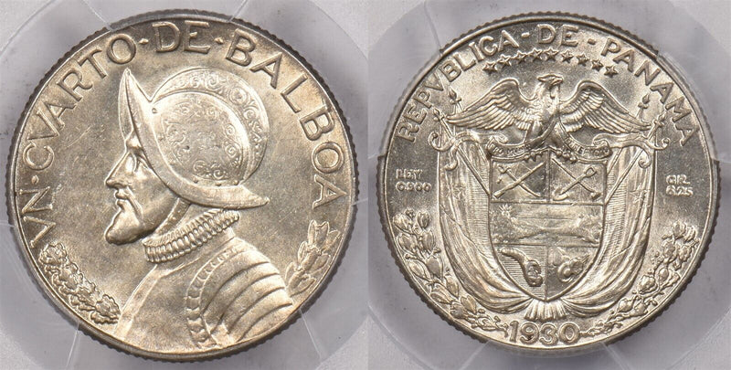Panama 1930 1/4 Balboa PCGS AU 58 PC1466 combine shipping