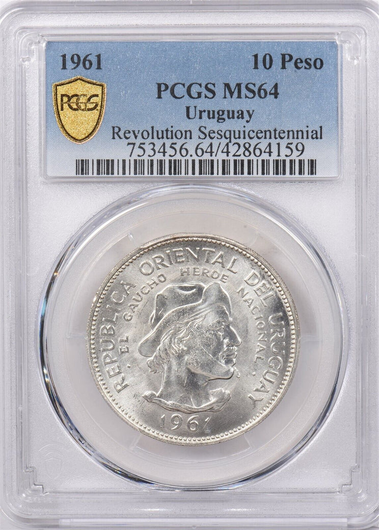 Uruguay 1961 10 Pesos PCGS MS 64 Revolution Sesquicentennial PI0132 combine ship