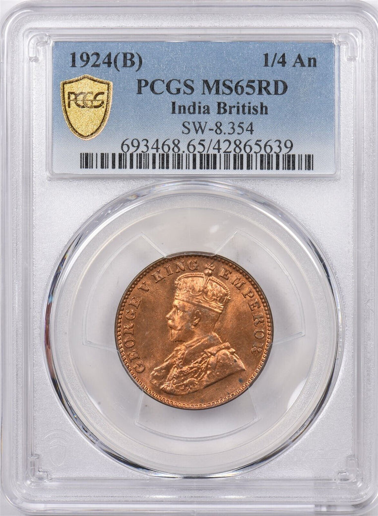 India British 1924 B 1/4 Anna PCGS MS 65 RED SW-8.354, 4 Graded MS65 RD by PCGS