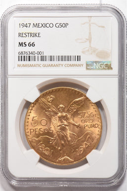 1947 Gold 50 Pesos Mexican AGW 1.2057oz RESTRIKE NGC MS66 NG1801