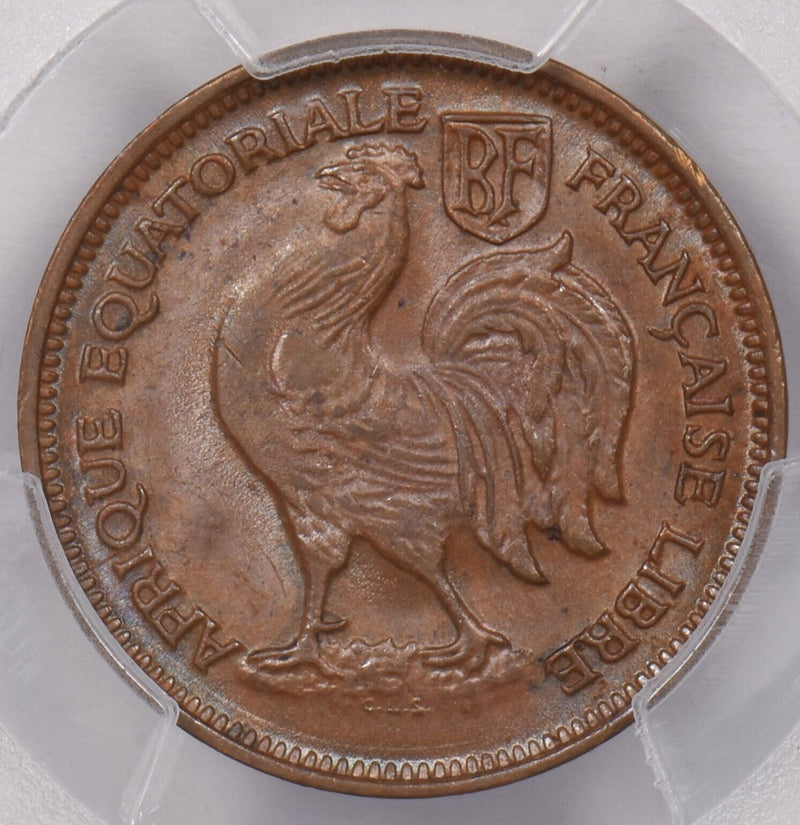 French Equatorial Africa 1943 SA 50 Centimes Rooster animal PCGS MS 63 BROWN Lec