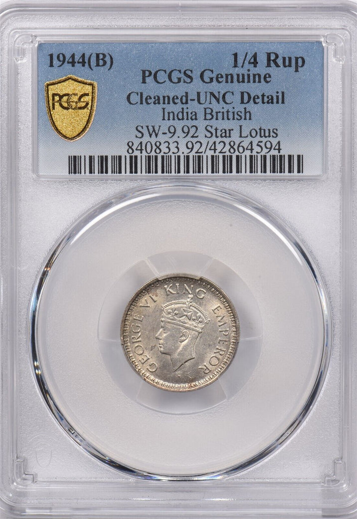 India British 1944 B 1/4 Rupee PCGS Genuine Cleaned-UNC Detail SW-9.92 Star Lotu