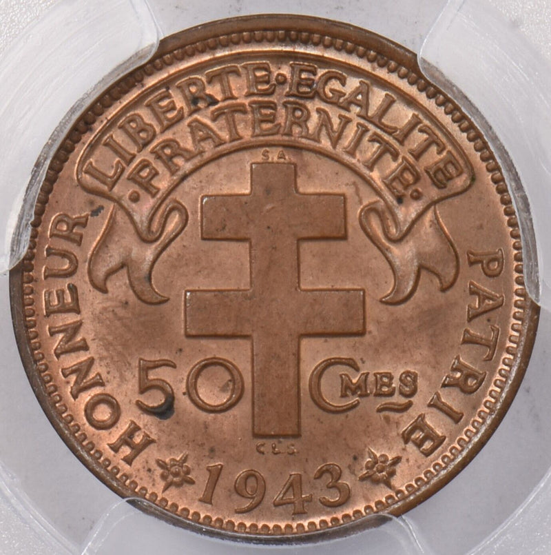 French Equatorial Africa 1943 SA 50 Centimes Rooster animal PCGS MS 64 RED BROWN