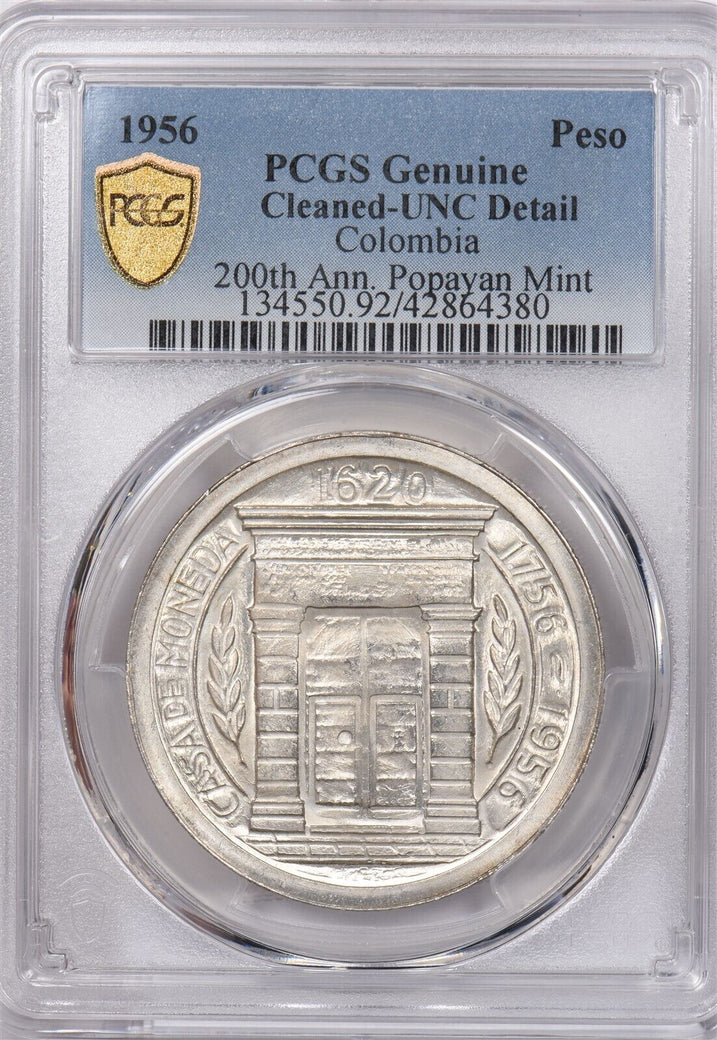 Colombia 1956 Peso Eagle animal PCGS Genuine Cleaned-UNC Detail 200th Anneversar