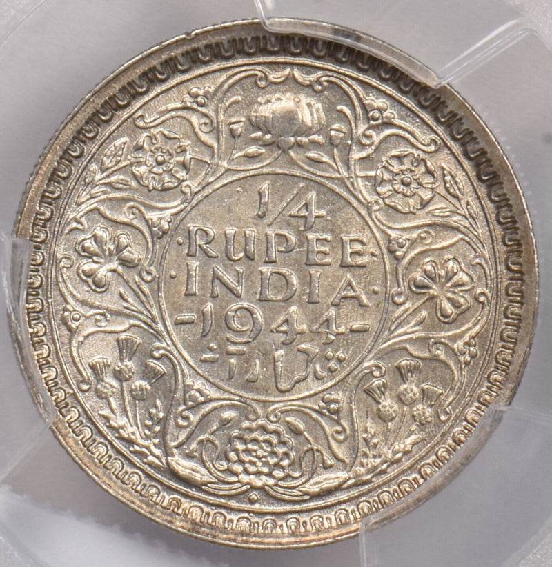 India British 1944 B 1/4 Rupee PCGS Genuine Cleaned-UNC Detail SW-9.92 Star Lotu