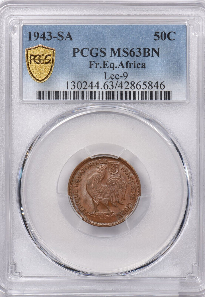 French Equatorial Africa 1943 SA 50 Centimes Rooster animal PCGS MS 63 BROWN Lec