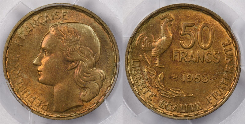 France 1953 50 Francs Rooster animal PCGS MS 65 Gad-880 PI0212 combine shipping