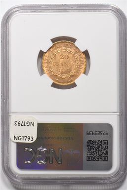 1897-A Gold France 20 Francs Gold AGW 0.1867oz NGC MS63 NG1793