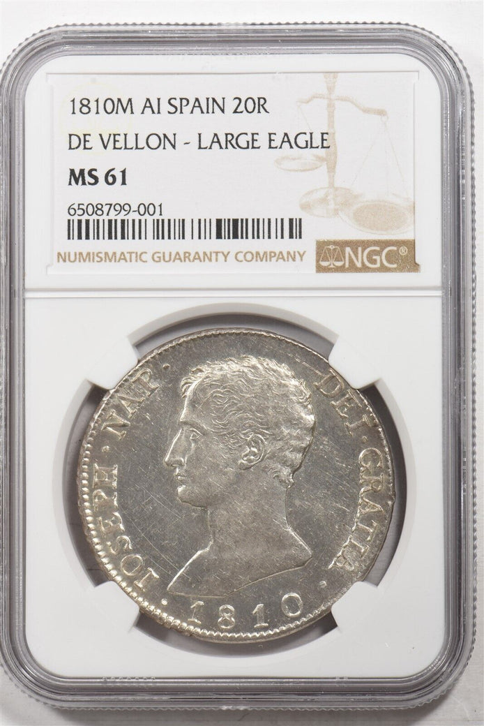 1810-M Silver AI Spain 20R De Vellon-Large Eagle NGC MS61 NG1744