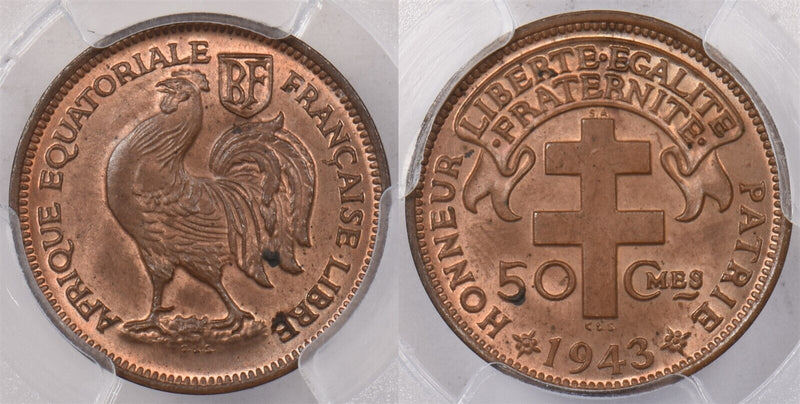 French Equatorial Africa 1943 SA 50 Centimes Rooster animal PCGS MS 64 RED BROWN