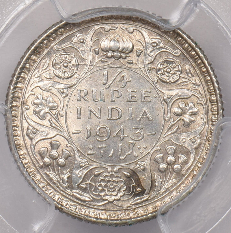 India British 1943 C 1/4 Rupee PCGS Genuine Cleaned-UNC Detail SW-9.86 PI0118 co