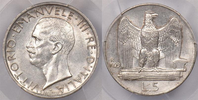 Italy 1929 R 5 Lire Eagle animal PCGS MS 63 **FERT** KM-67.2 PI0115 combine ship