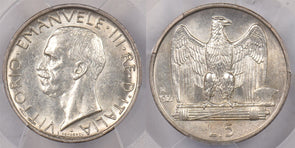 Italy 1927 R 5 Lire Eagle animal PCGS MS 61 FERT KM-67.2, Frosty White BU PI0142