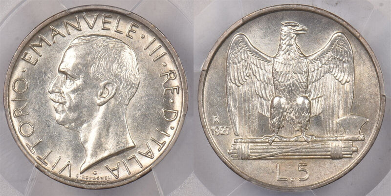 Italy 1927 R 5 Lire Eagle animal PCGS MS 61 FERT KM-67.2, Frosty White BU PI0142