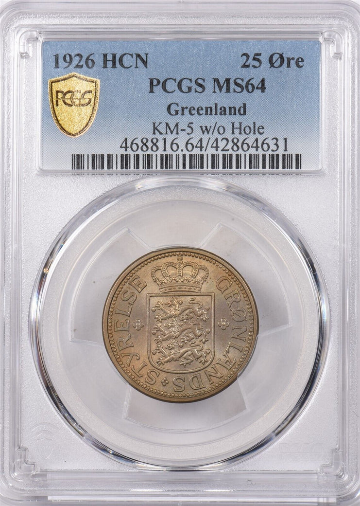Greenland 1926 HCN 25 Ore Polar bear animal PCGS MS 64 KM-5 w/O Hole PI0143 comb