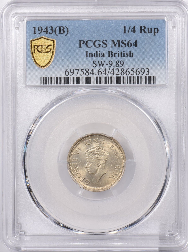 India British 1943 B 1/4 Rupee PCGS MS 64 SW-9.89 PI0192 combine shipping