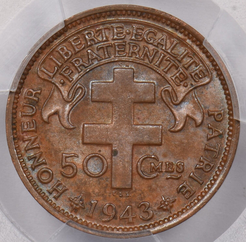 French Equatorial Africa 1943 SA 50 Centimes Rooster animal PCGS MS 63 BROWN Lec