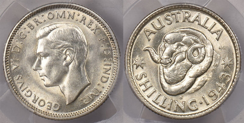 Australia 1943 S Shilling Ram animal PCGS MS 63 PI0104 combine shipping