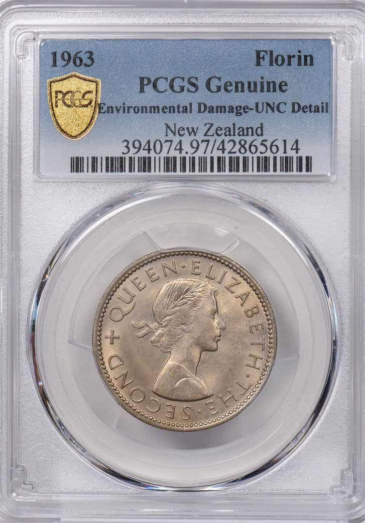New Zealand 1963 Florin Kiwi Bird animal PCGS Genuine Environmental Damage-UNC D