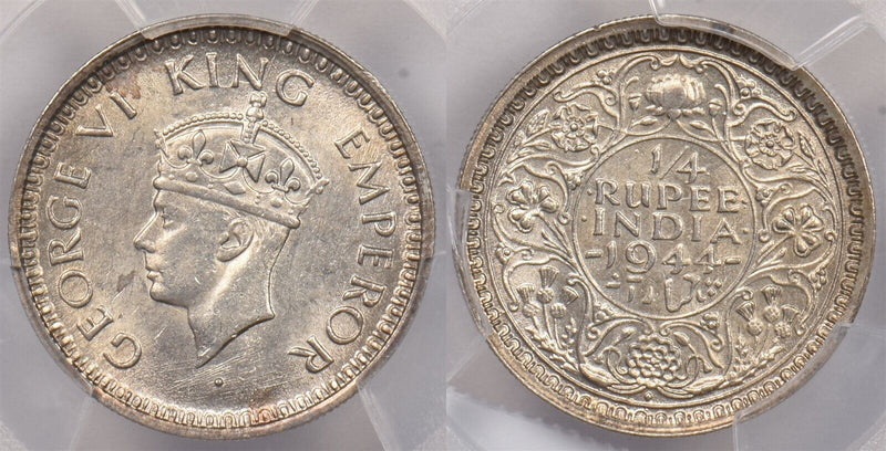 India British 1944 B 1/4 Rupee PCGS Genuine Cleaned-UNC Detail SW-9.92 Star Lotu