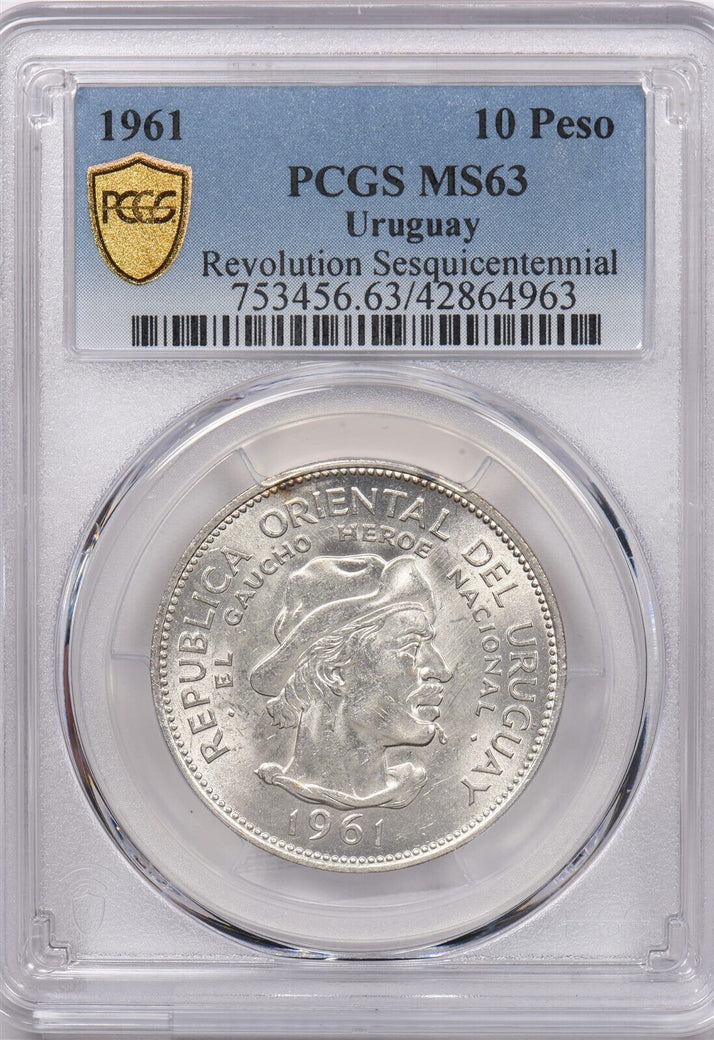 Uruguay 1961 10 Pesos PCGS MS 63 Revolution Sesquicentennial PI0029 combine ship