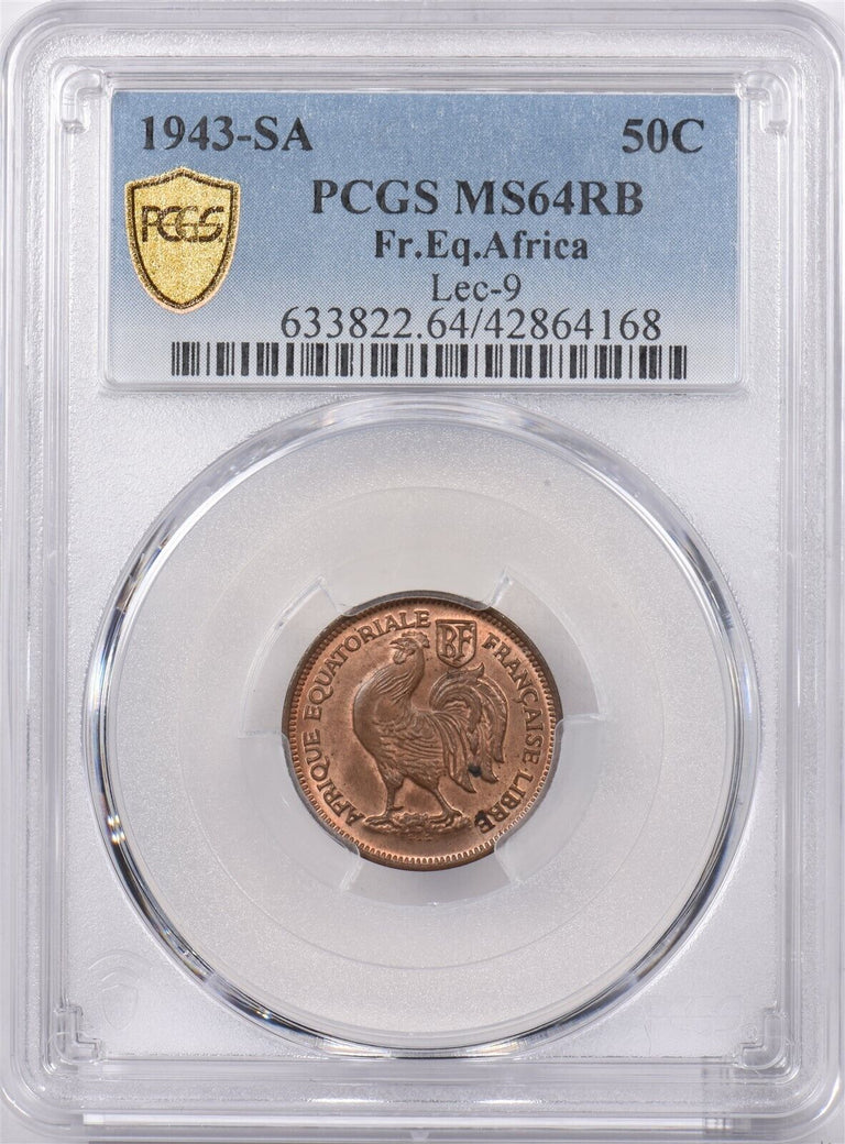 French Equatorial Africa 1943 SA 50 Centimes Rooster animal PCGS MS 64 RED BROWN
