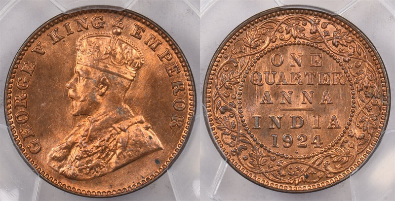 India British 1924 B 1/4 Anna PCGS MS 65 RED SW-8.354, 4 Graded MS65 RD by PCGS