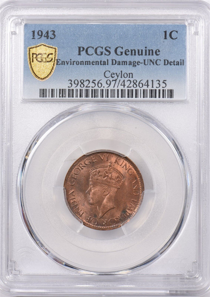 Ceylon 1943 Cent PCGS Environmental Damage-UNC Detail PI0139 combine shipping