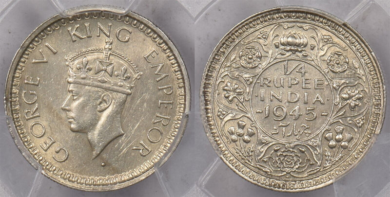 India British 1945 B 1/4 Rupee PCGS MS 62 SW-9.96 Small 5 PI0222 combine shippin