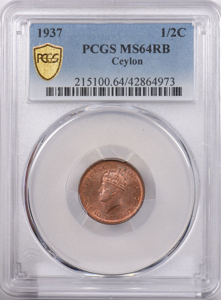 Ceylon 1937 1/2 Cent PCGS MS 64 RED BROWN PI0196 combine shipping