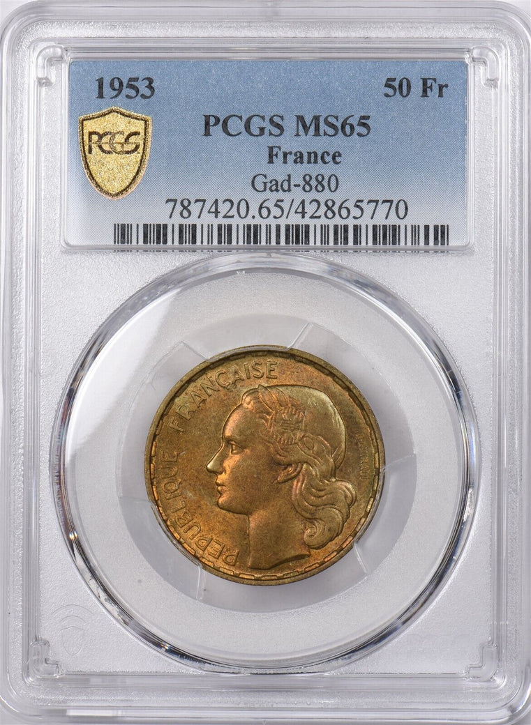 France 1953 50 Francs Rooster animal PCGS MS 65 Gad-880 PI0212 combine shipping