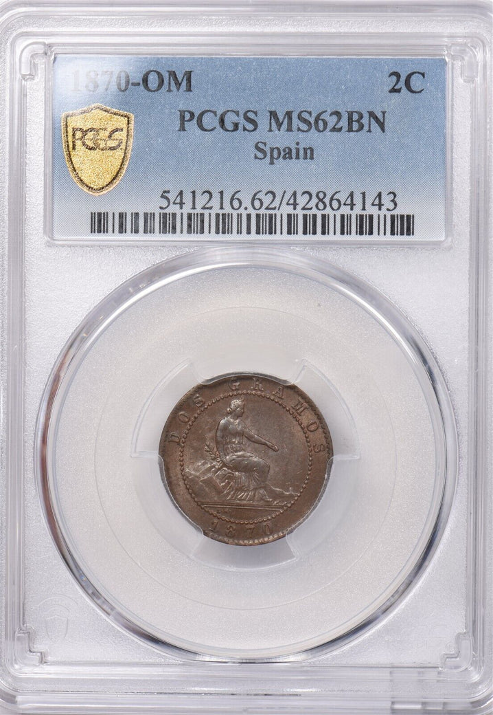 Spain 1870 OM 2 Centimos Lion animal PCGS MS 62 BROWN PI0103 combine shipping