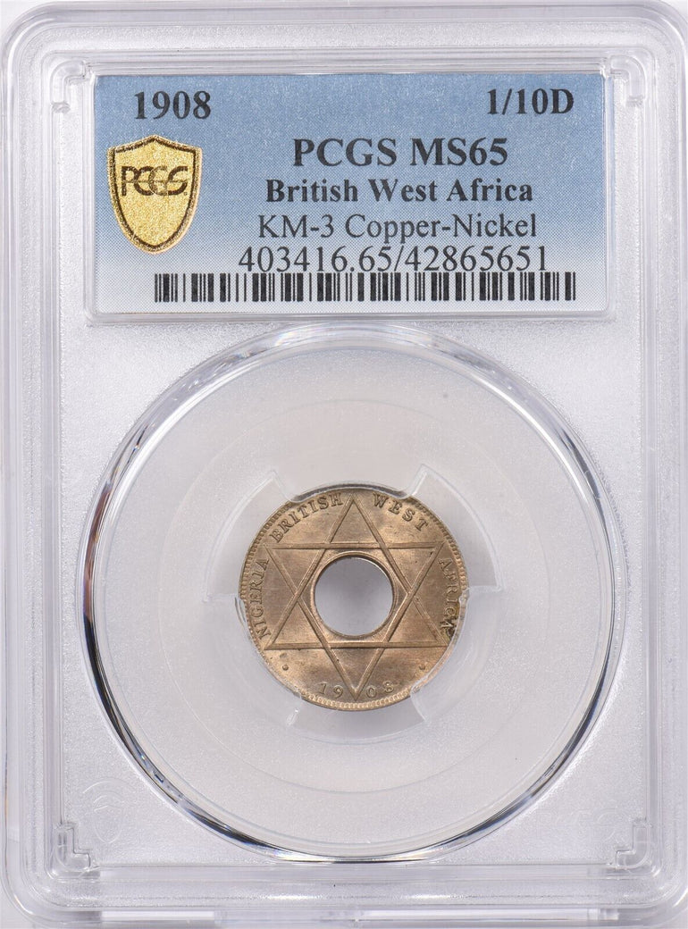 British West Africa 1908 1/10 Penny PCGS MS 65 KM-3 Copper-Nickel PI0189 combine