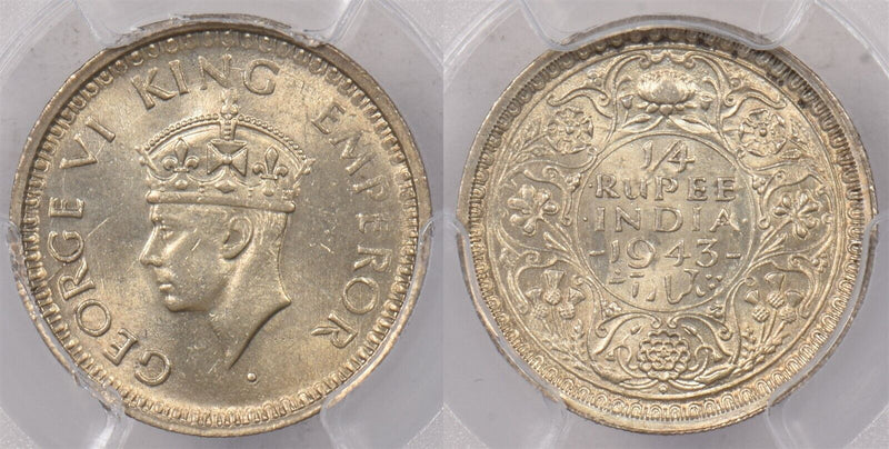 India British 1943 B 1/4 Rupee PCGS MS 64 SW-9.89 PI0192 combine shipping